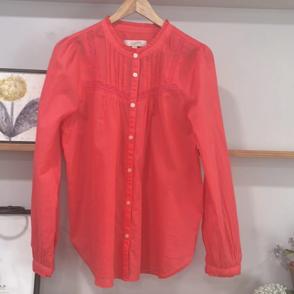 LOFT Embroidered Pleated Yoke Blouse Top, Size L